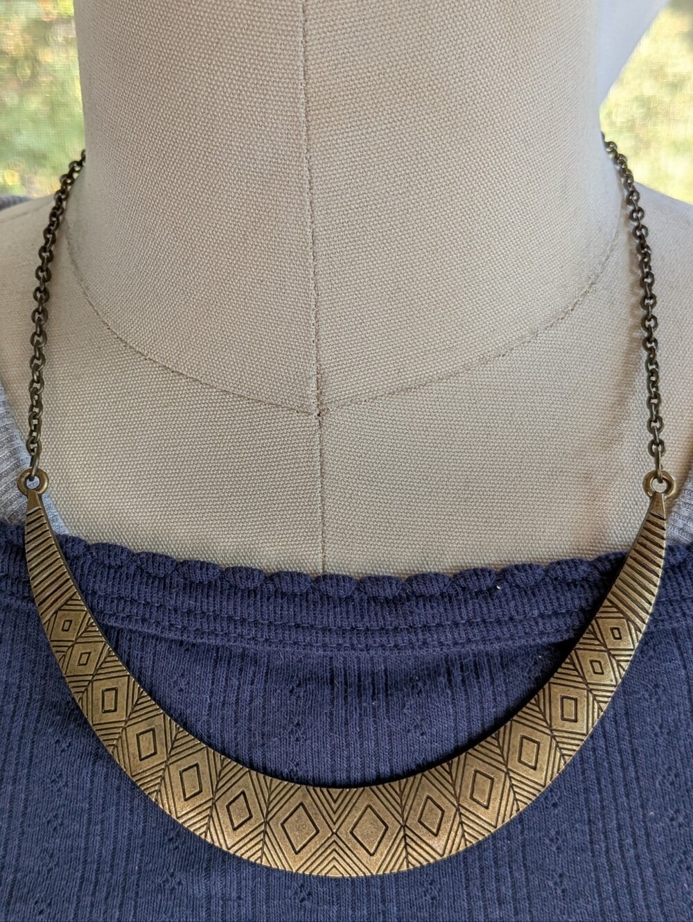 Antiqued Brass Geometric Etched Crescent Collar Statement Necklace Boho